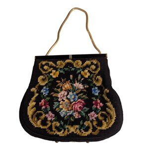 Vintage Floral Needlepoint Evening Bag Metal Frame Chain Strap etched clasp